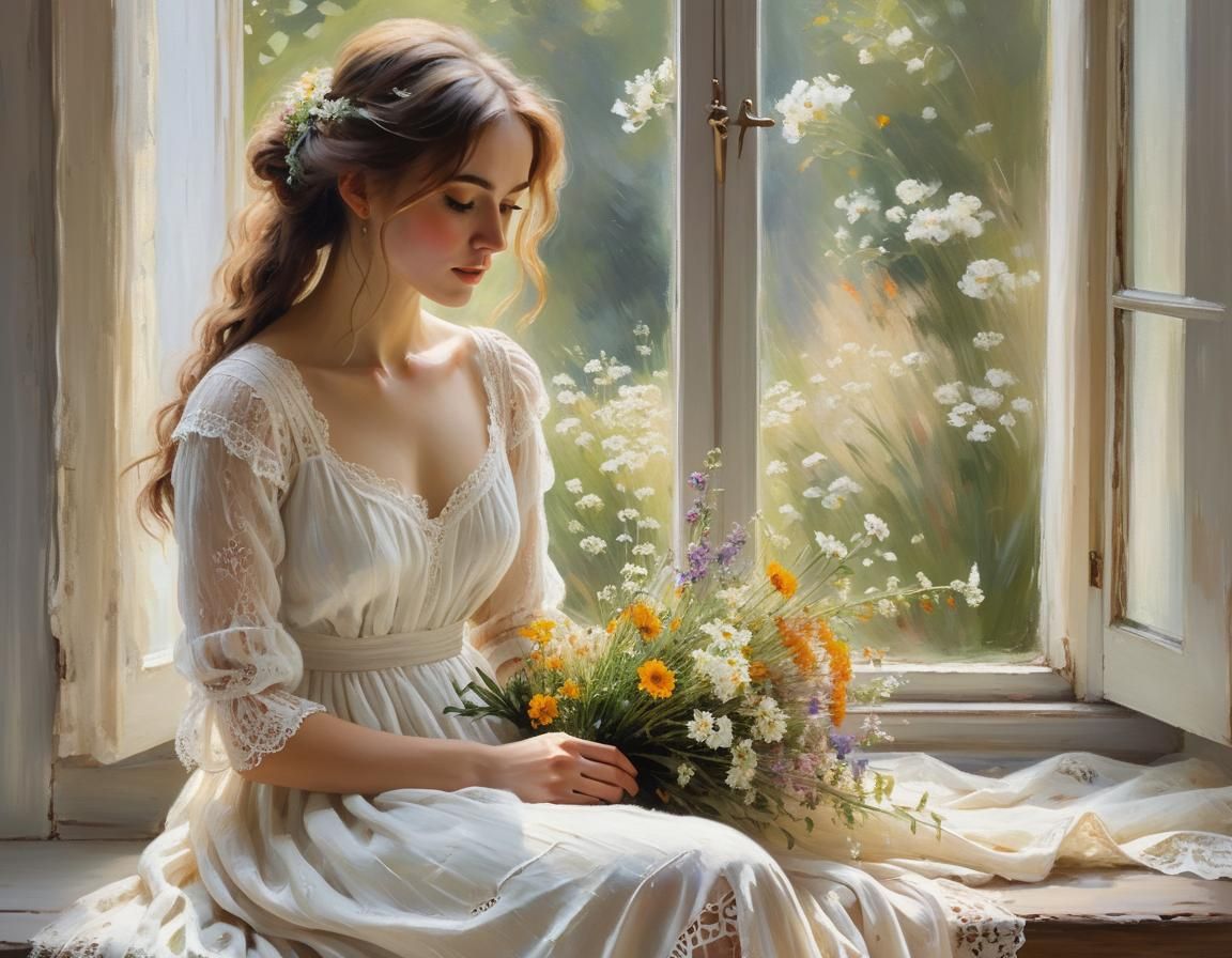 Girl with Wildflowers: Impressionist Oil Painting