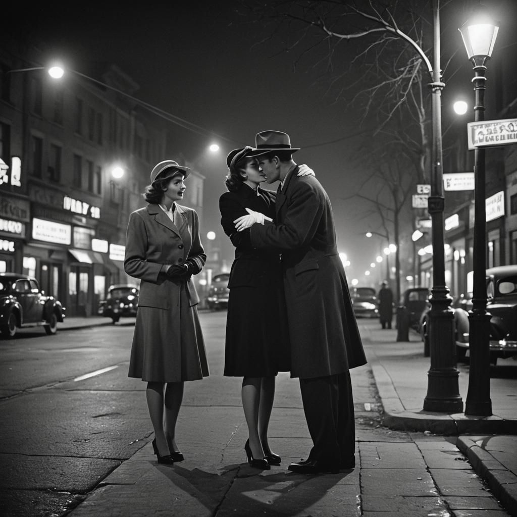 Classic Film Noir Embrace Under Streetlight