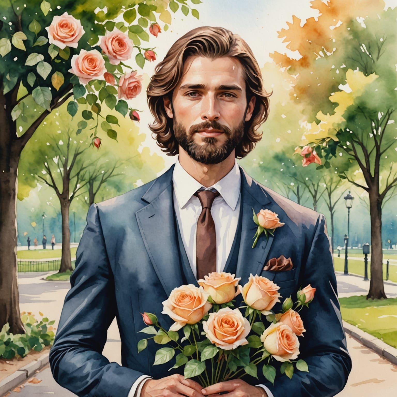 Man in Suit Holding Roses, Watercolor Style
