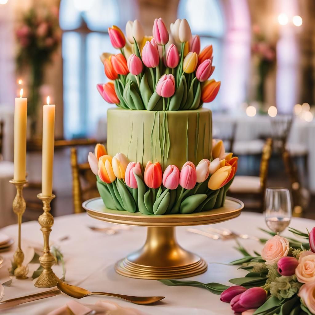 Portrait of a 3 layers wedding cake with white fondant, colorful tulips hand painted and super realistic 
The cake is pl...