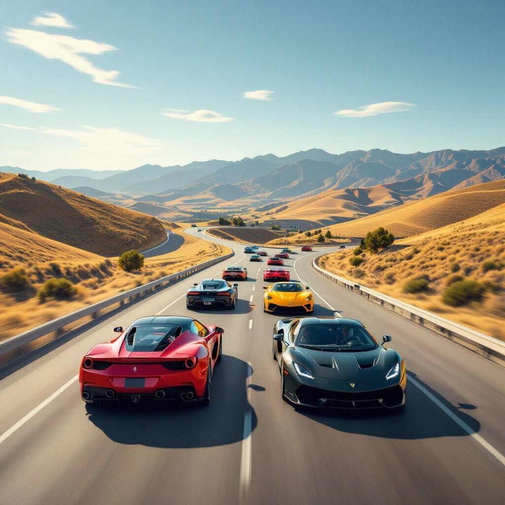 Supercars Speeding on California Highway in Cinematic Style