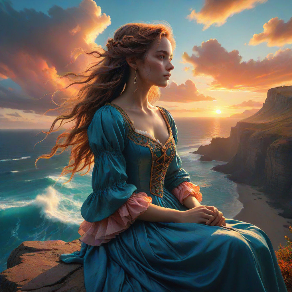 Woman in Victorian Dress Amidst Epic Sunset