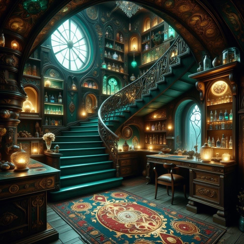 Magical Apothecary Shop Interior with Teal Staircase