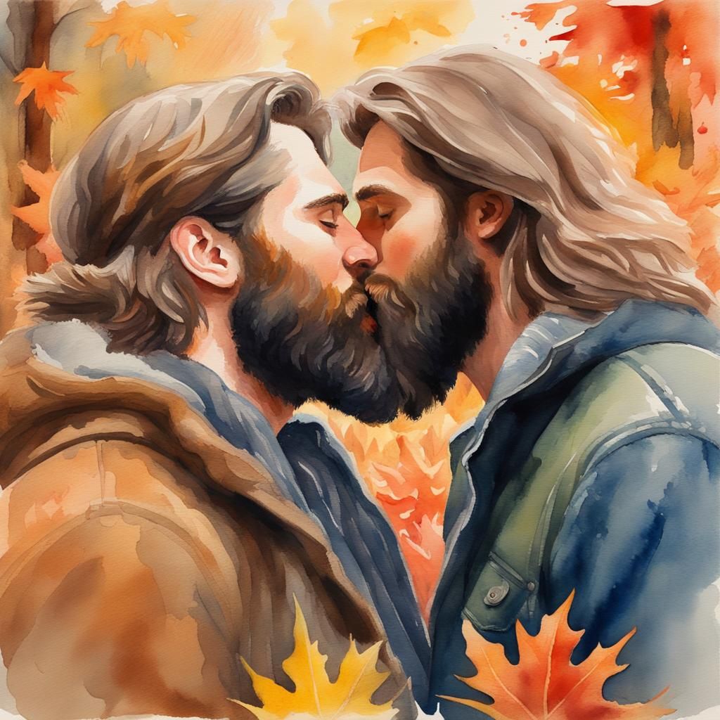 Bearded Lovers Kissing in Autumn Watercolor Painting
