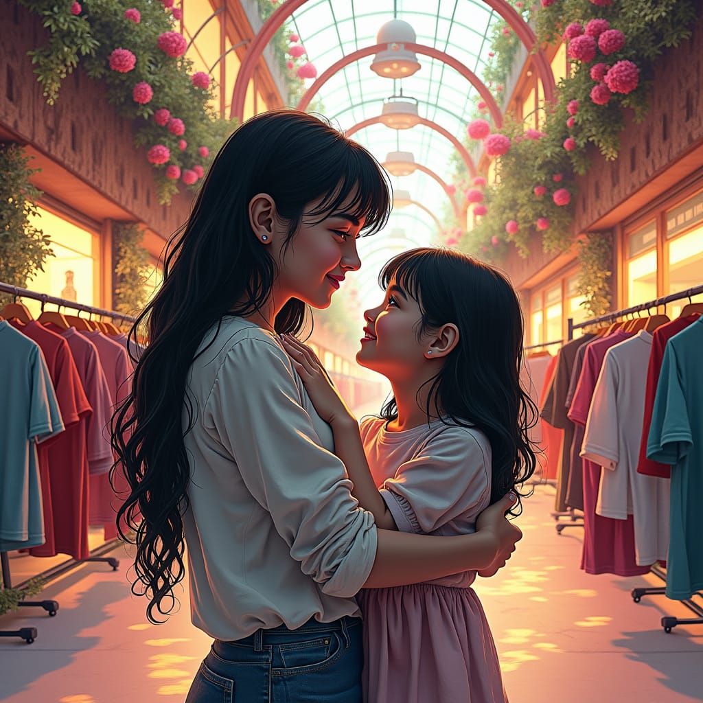 Mother and Daughter Shopping: Black and White Sketch