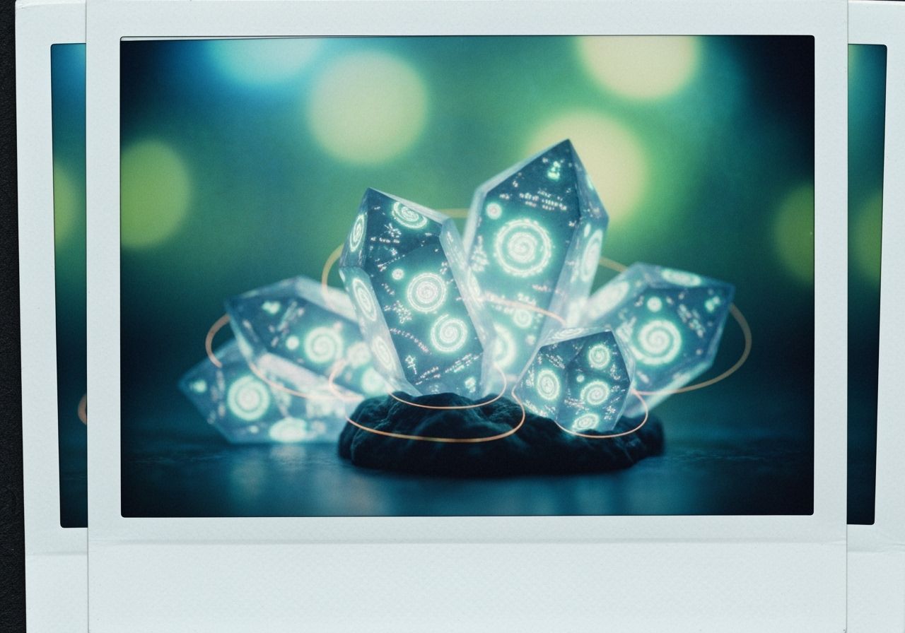 Bioluminescent Crystals Whisper Secrets in Polaroid Style