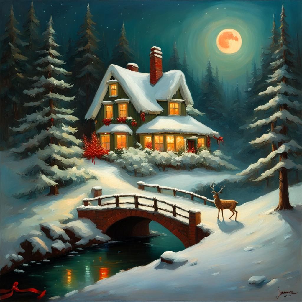 Magical Snowy Cottage at Night: An Oil Painting