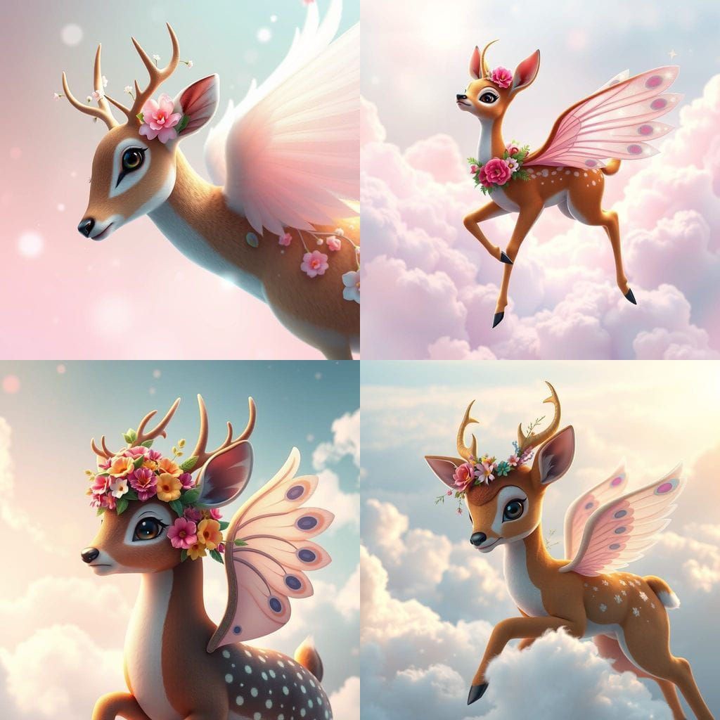 Dreamy Bambi Soars with Peacock Wings and Flowers