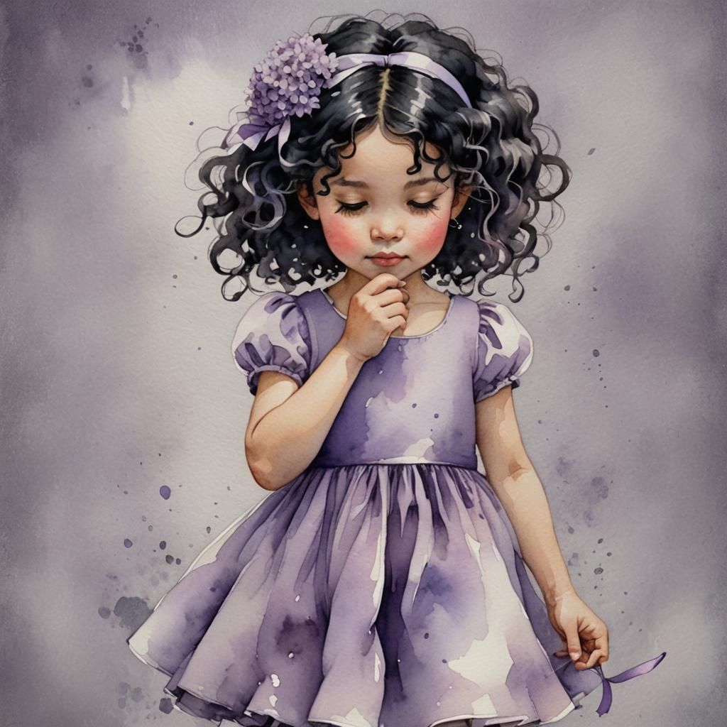 Whimsical Girl Smelling Flower in Watercolor Style