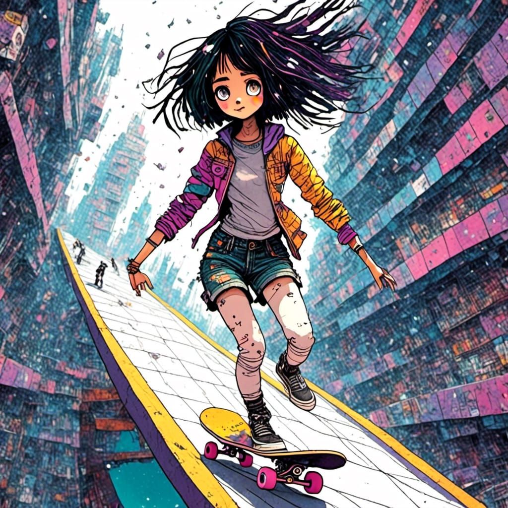 Alita Battle Angel Skateboarding in Spaceship, 3D Anime