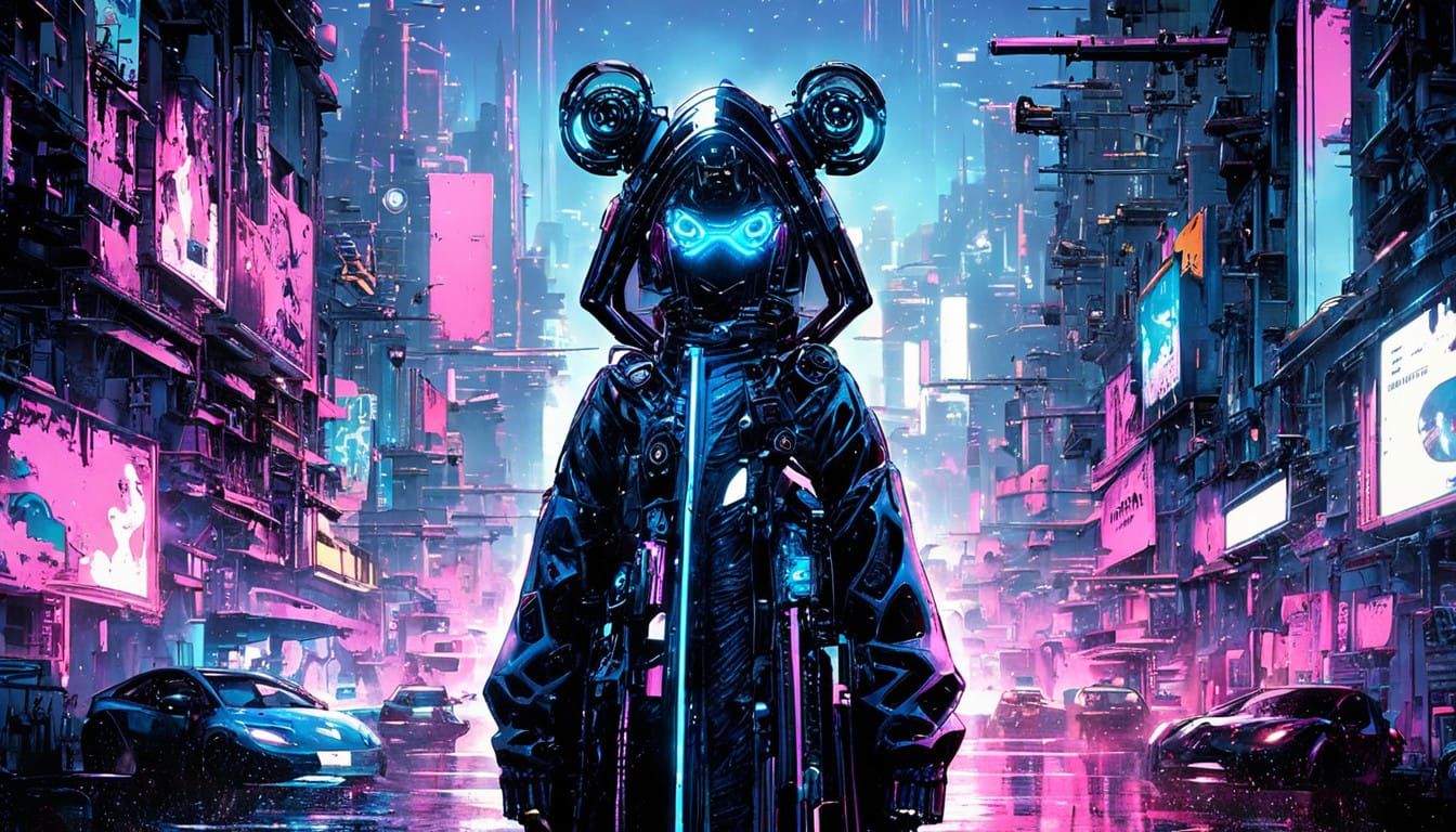 Cyborg Girl with Xbox Console in Neon-Lit Setting