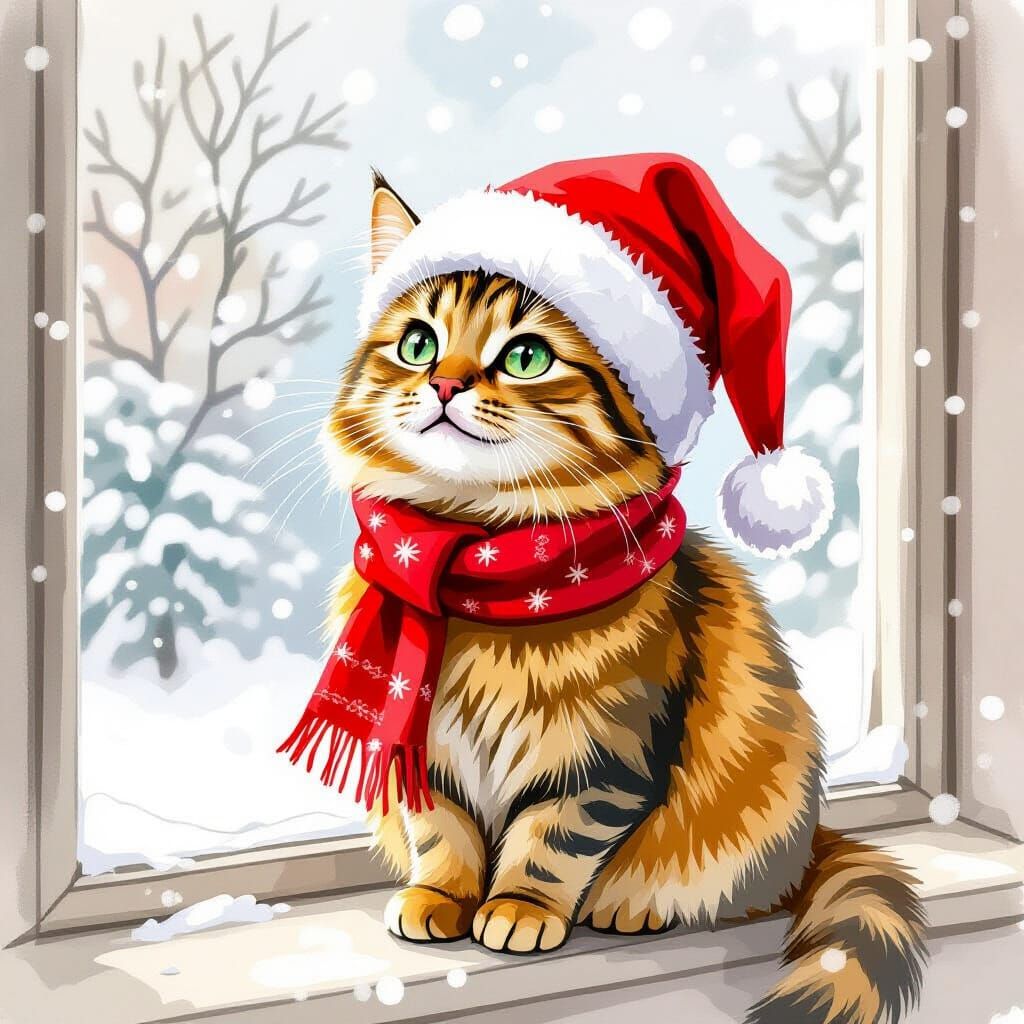 Festive Abyssinian Cat Watching Snow, Watercolor Style