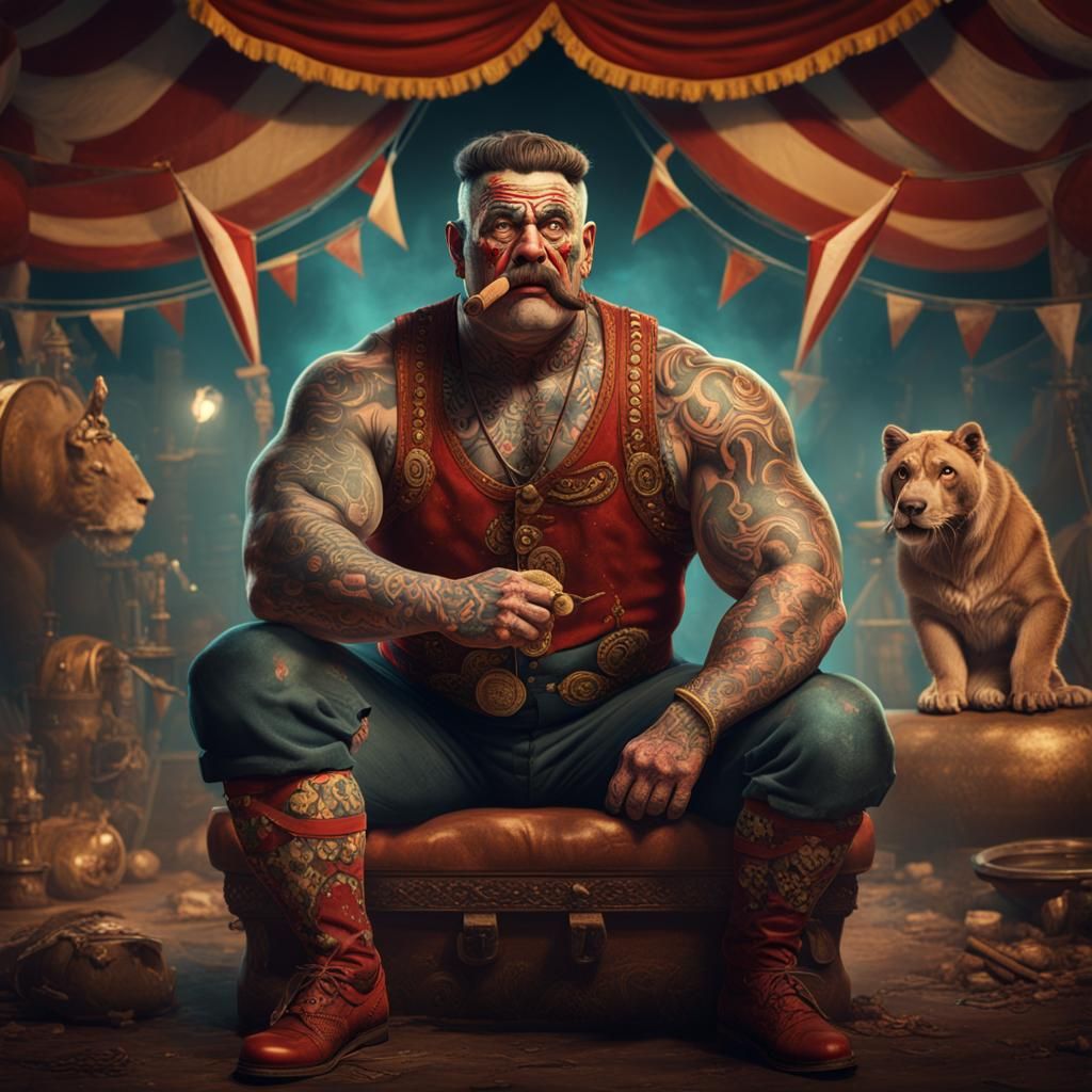 Vintage Circus Strongman with Tattoos: Detailed Matte Painti...