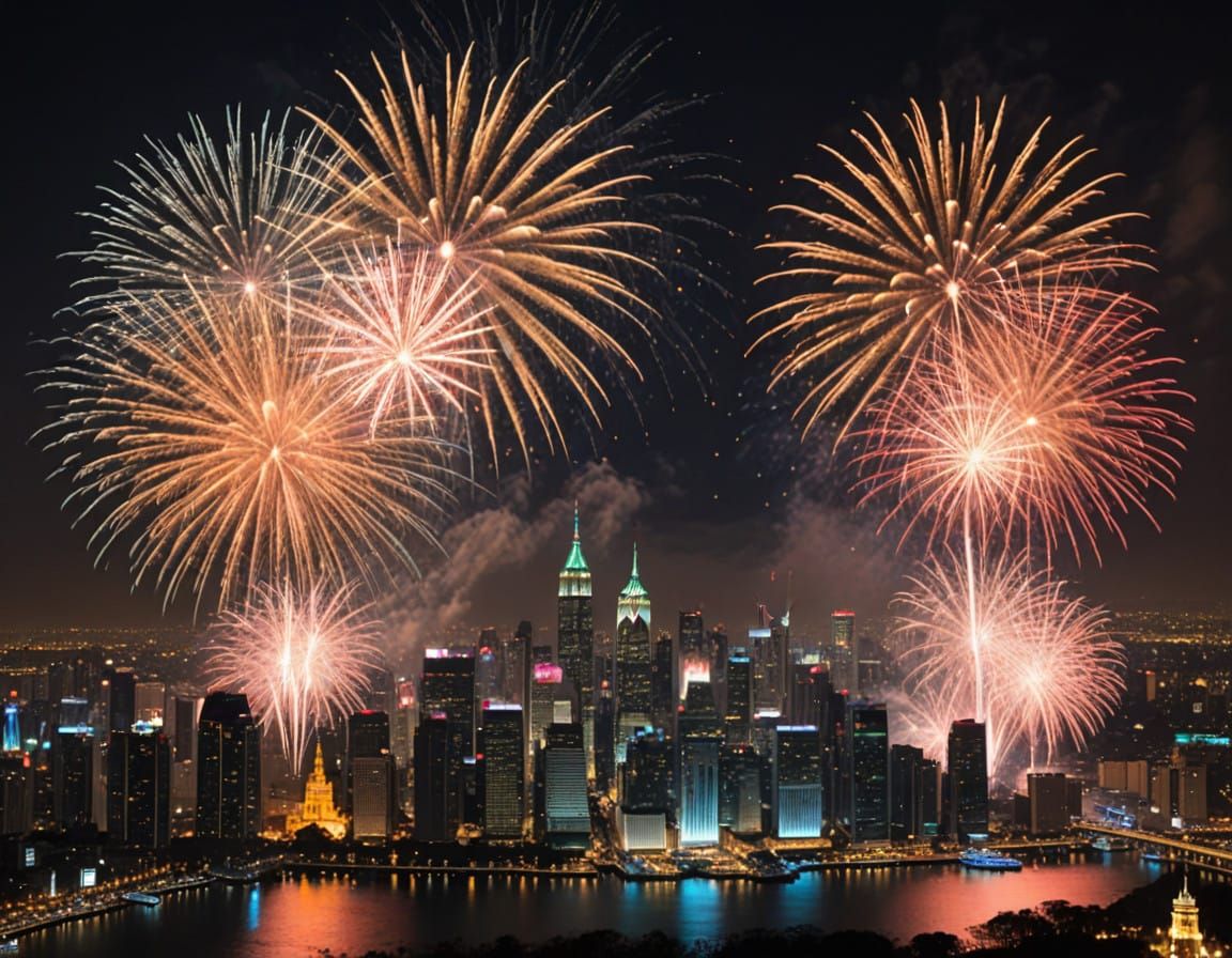 New Year's Celebration Skyline in Vivid Fireworks Display