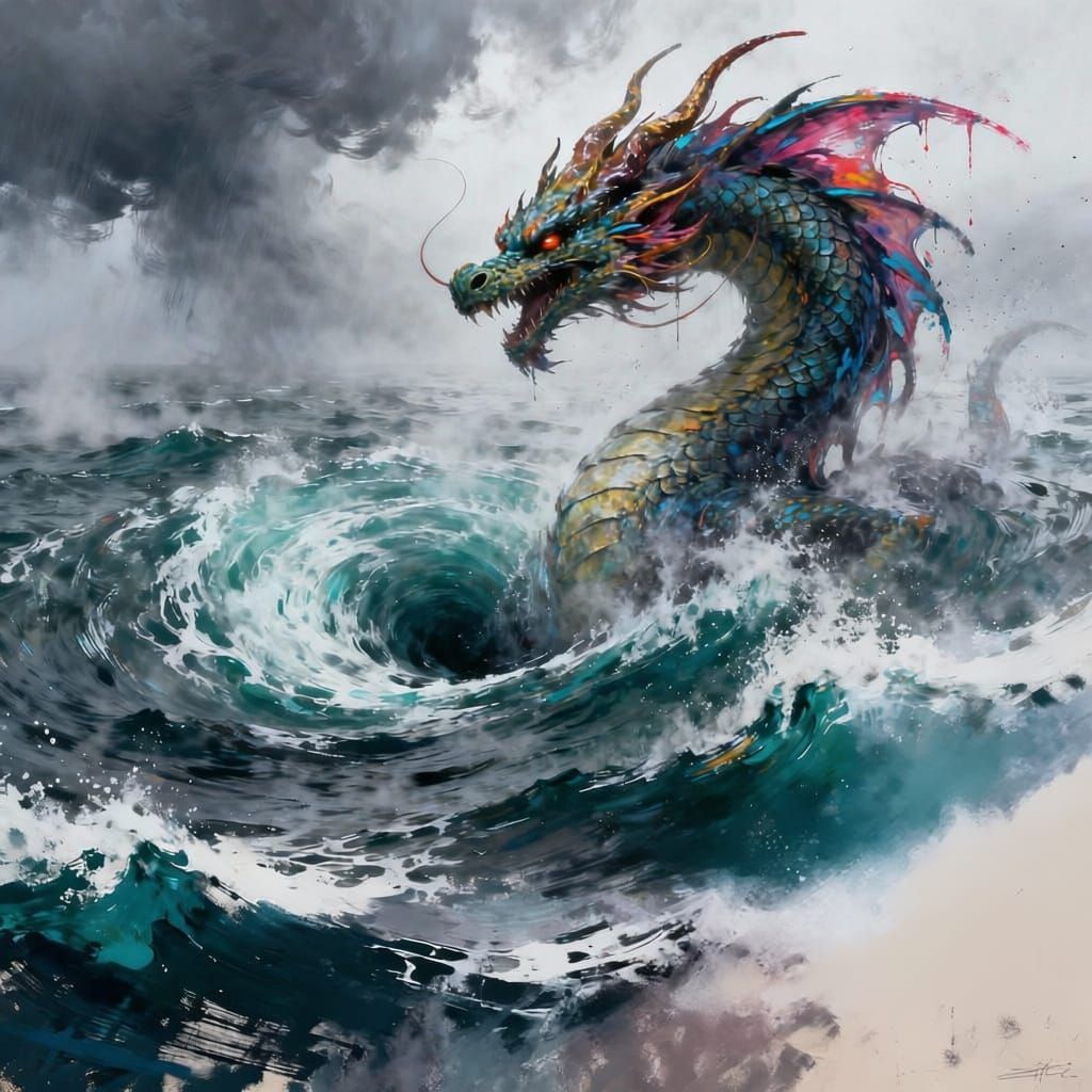 Tiamat's Stormy Sea Whirlpool in Graffiti Art Style