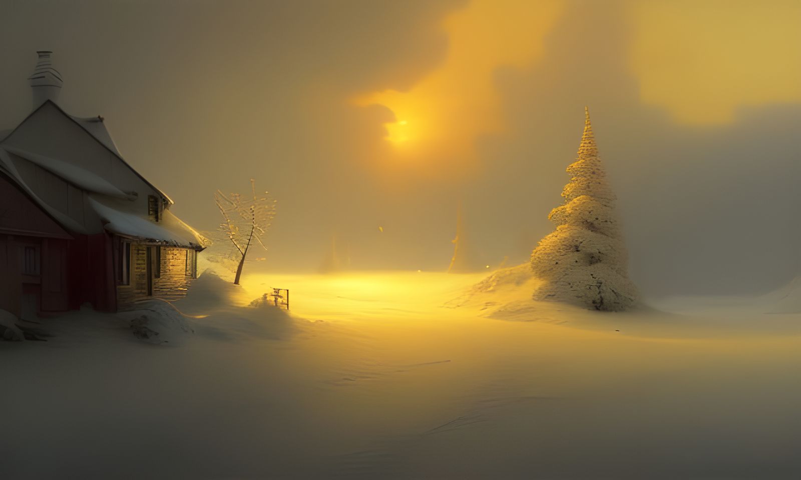 Winter Village in Amber Oil Painting