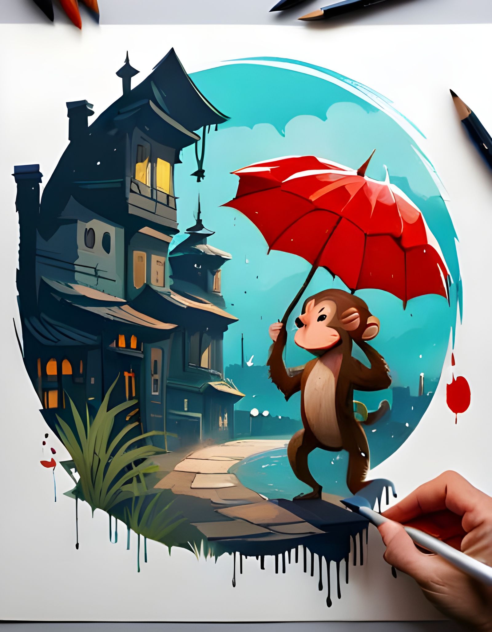 Monkey in Rain, Detailed Gouache Painting