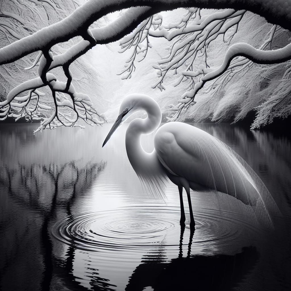 Winter Elegance: Great Egret in Monochrome Serenity