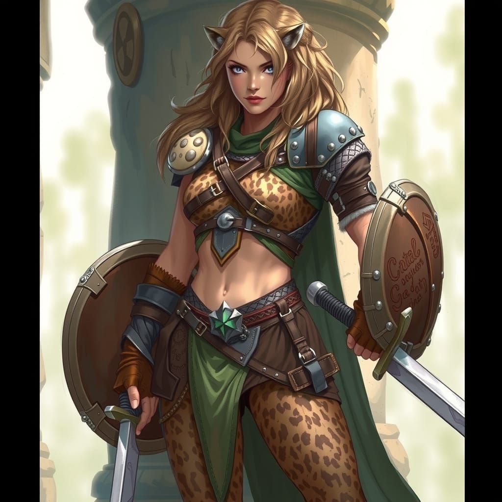 Regal Leopard-Woman Warrior in Larry Elmore-Inspired Fantasy...