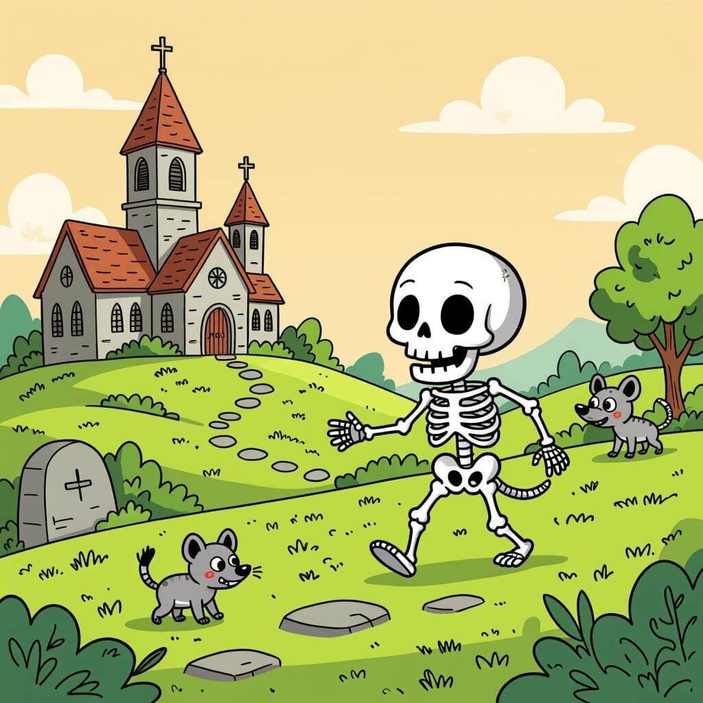 2D hand-drawn Cartoon Art. Medium shot. A cute skeleton wanders the hills outside the abbey, following hyena footprints....