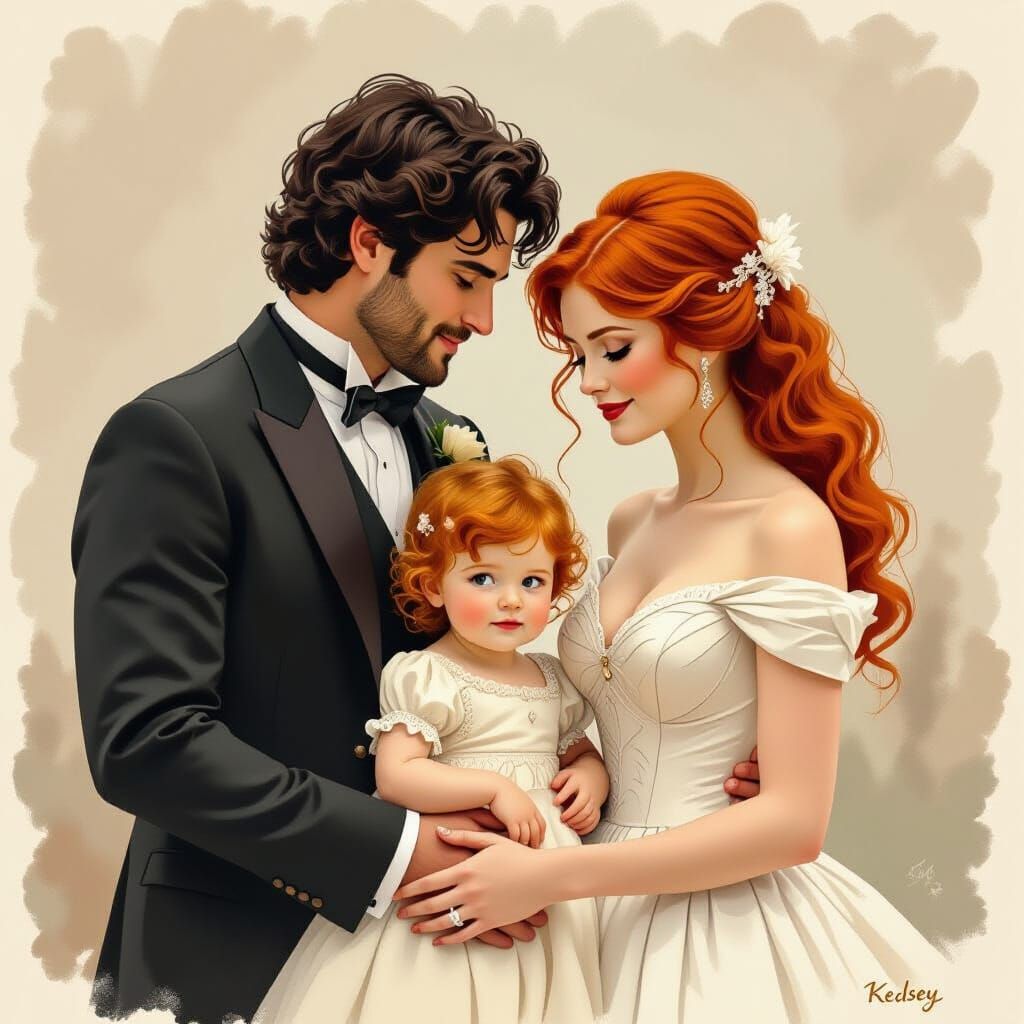 Wedding Couple with Child in Whimsical Beatrix Potter Style
