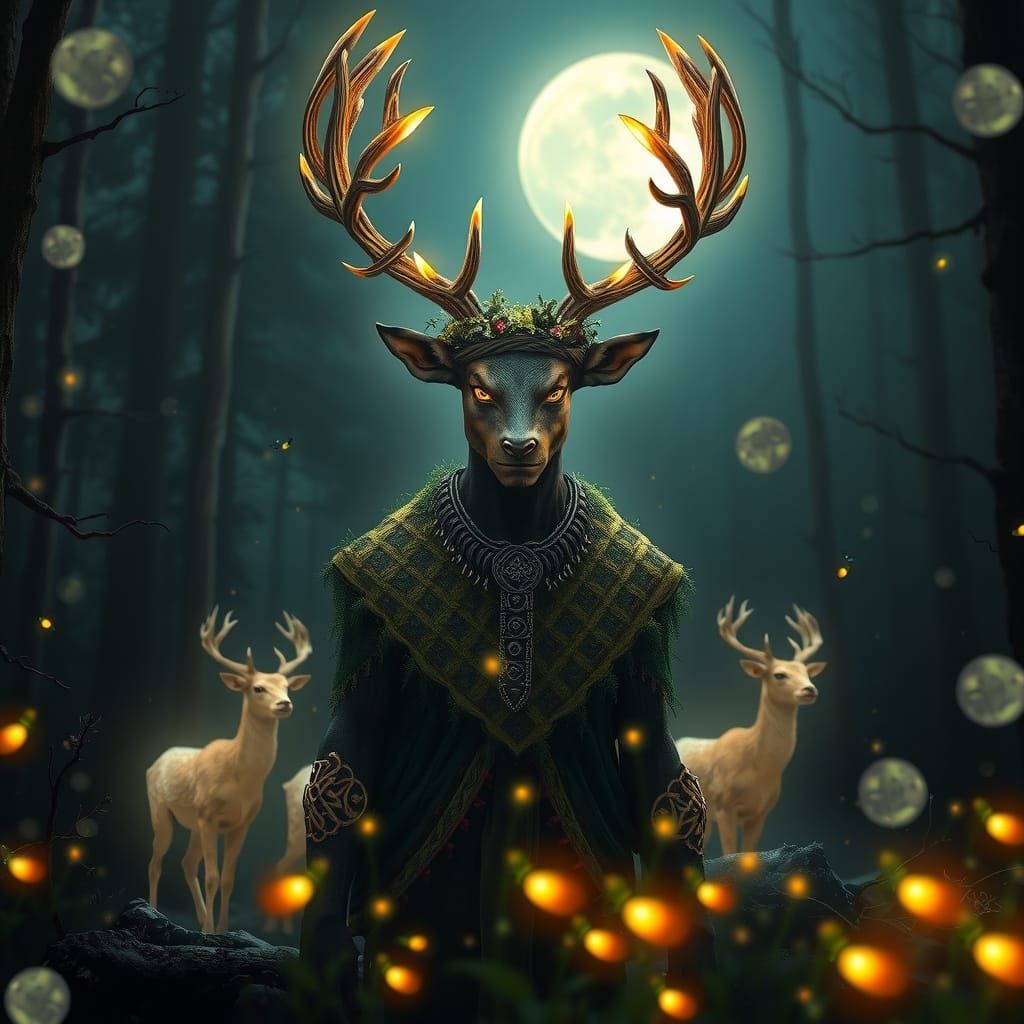 Cernunnos: Forest Deity in Moonlit Forest