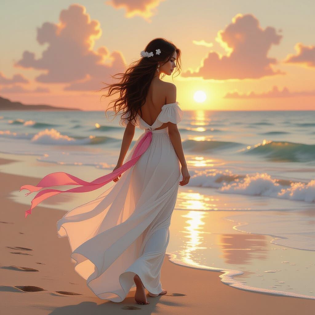 Woman in White Gown at Sunset, Ethereal Illustration