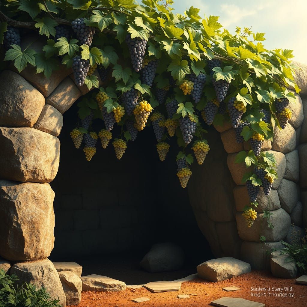 Jesus' Empty Tomb Transformed into a Lush Grapevine Paradise