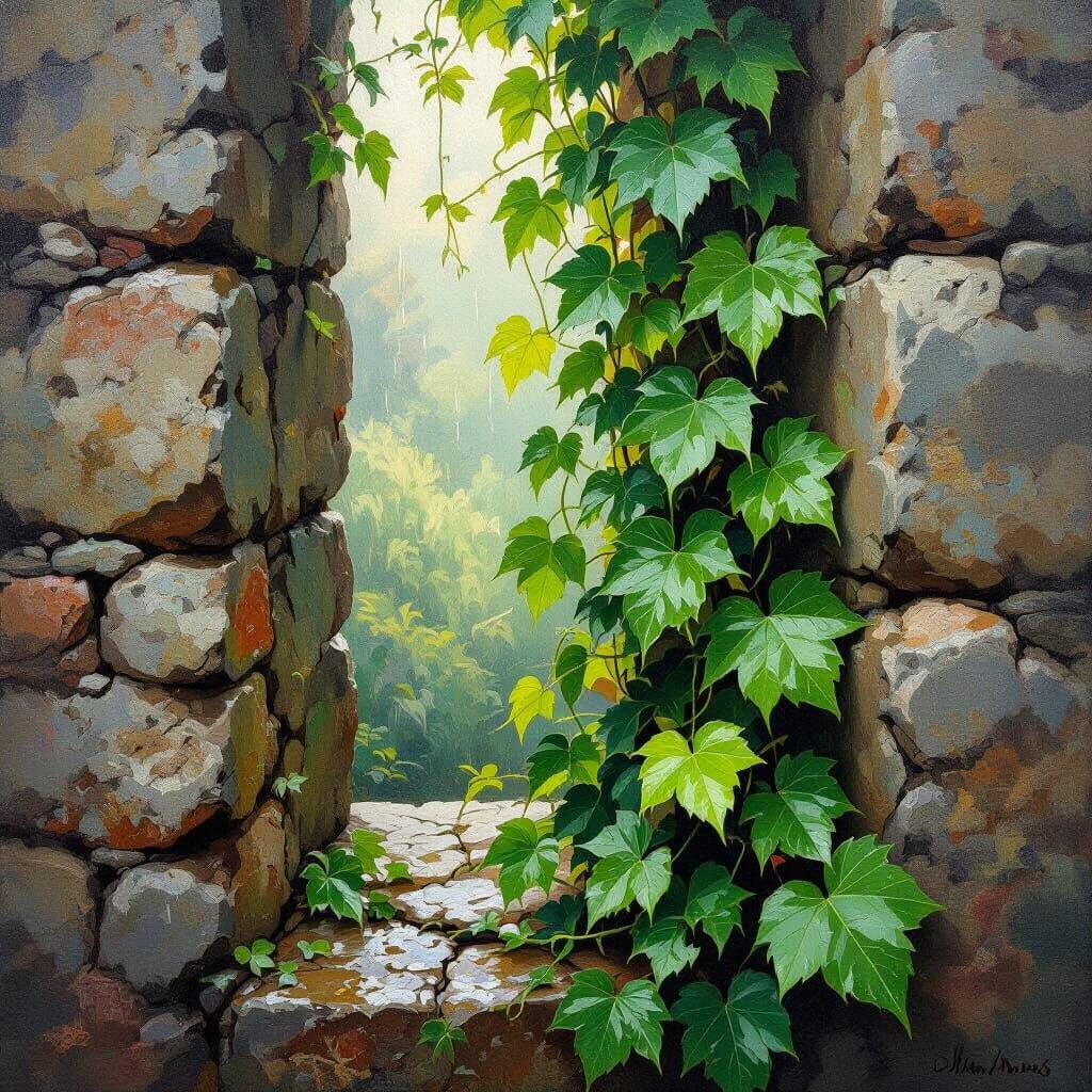 Lush Climbing Plant in Rugged Stone Crevice
