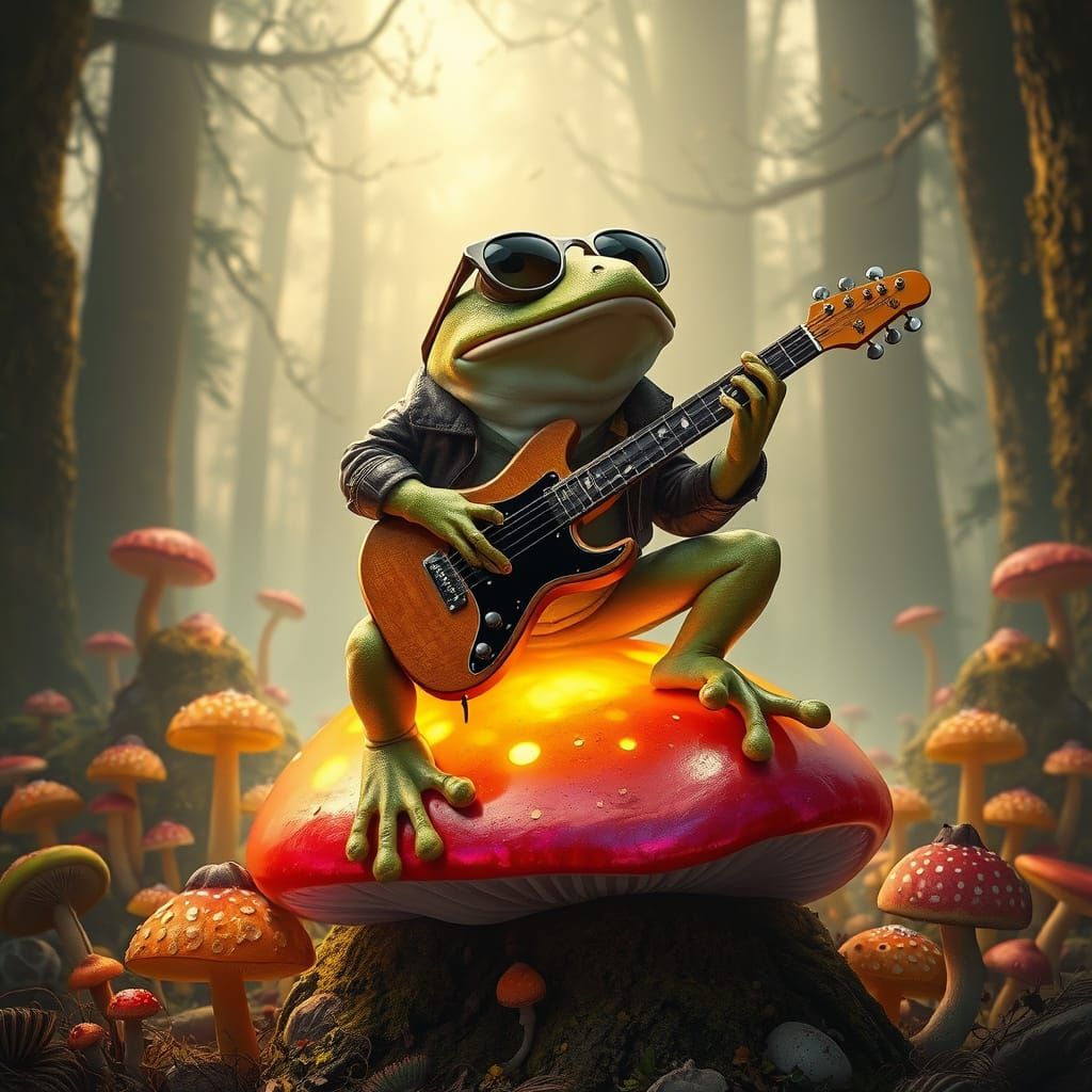 Frog Rockstar Surfs Golden Mushroom Seas