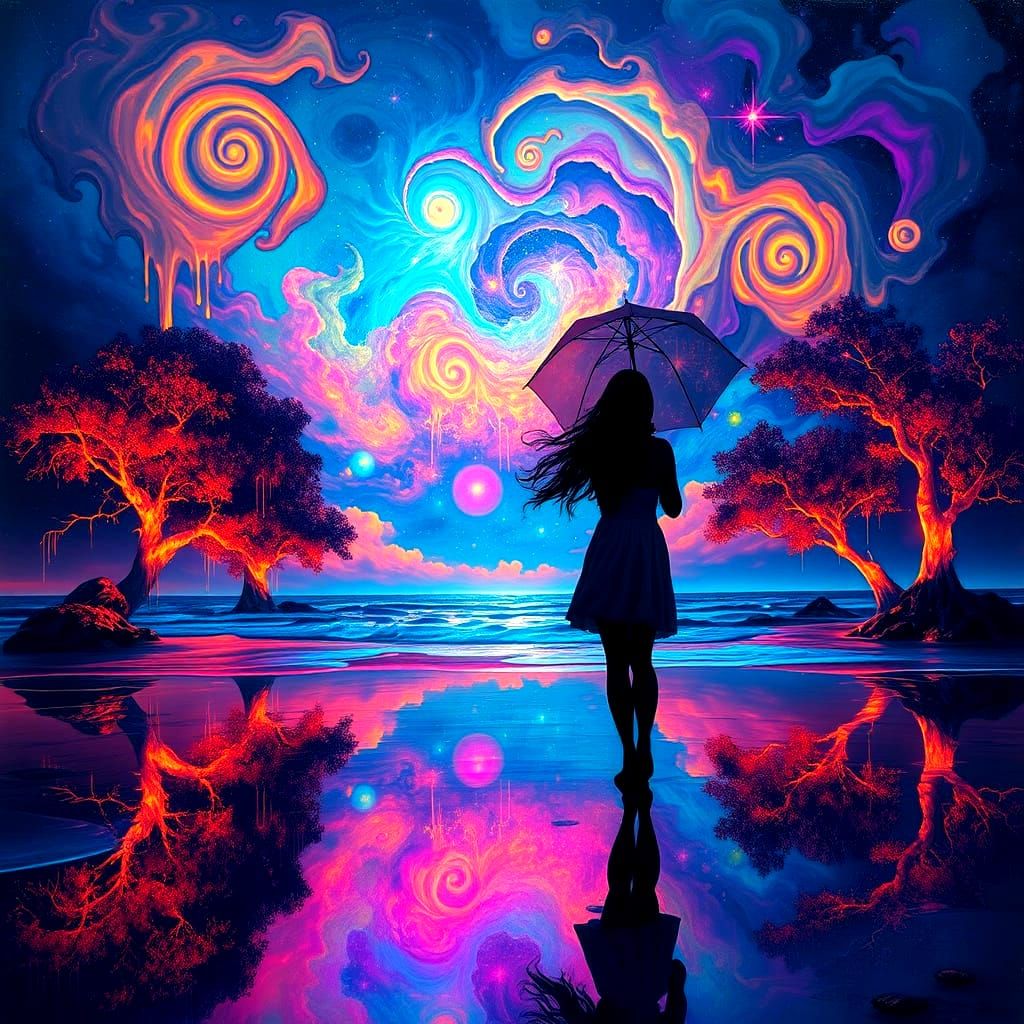 Cosmic Dreamscape with Vibrant Swirls and Glowing Trees