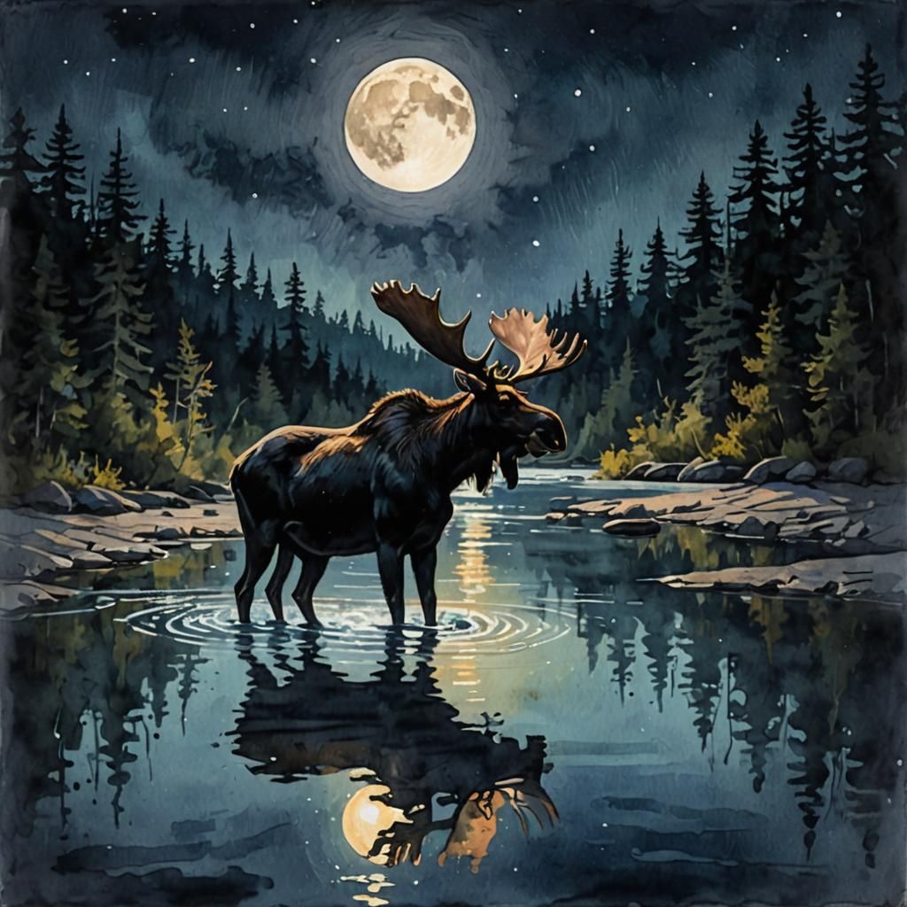 Moose Silhouette in River at Night, Gouache Watercolor