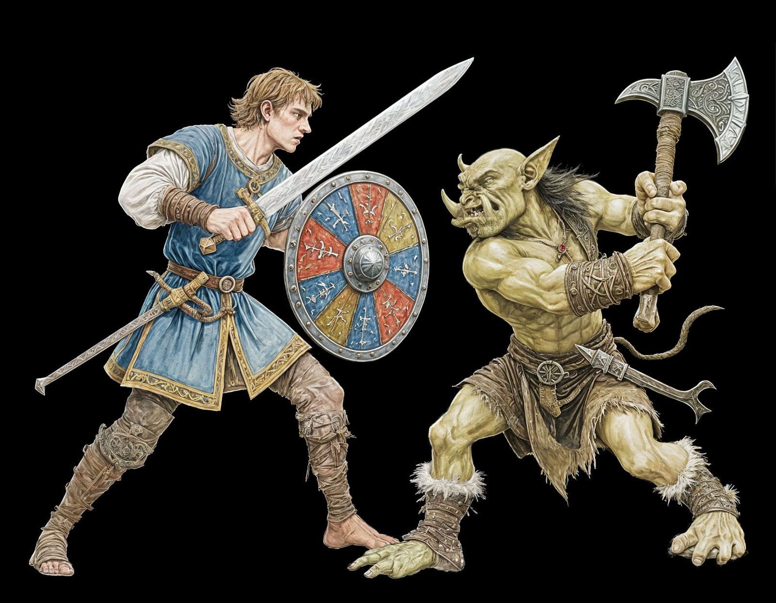 Medieval Hero Battles Orc Raider in Watercolour Sketch