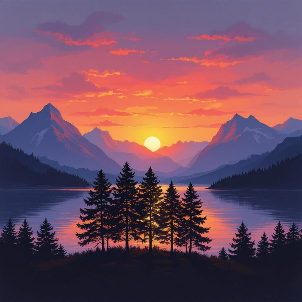 Serene Sunset Over Water with Mountains and Trees