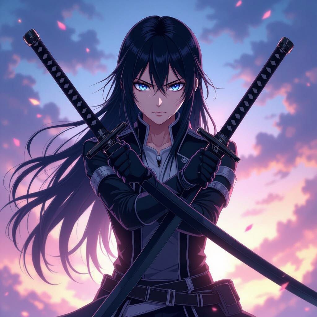 Anime Hero Kirito With Silver Eyes and Black Swords