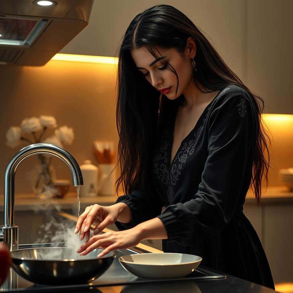 Hyperrealistic Witch Washing Dishes in Modern Kitchen