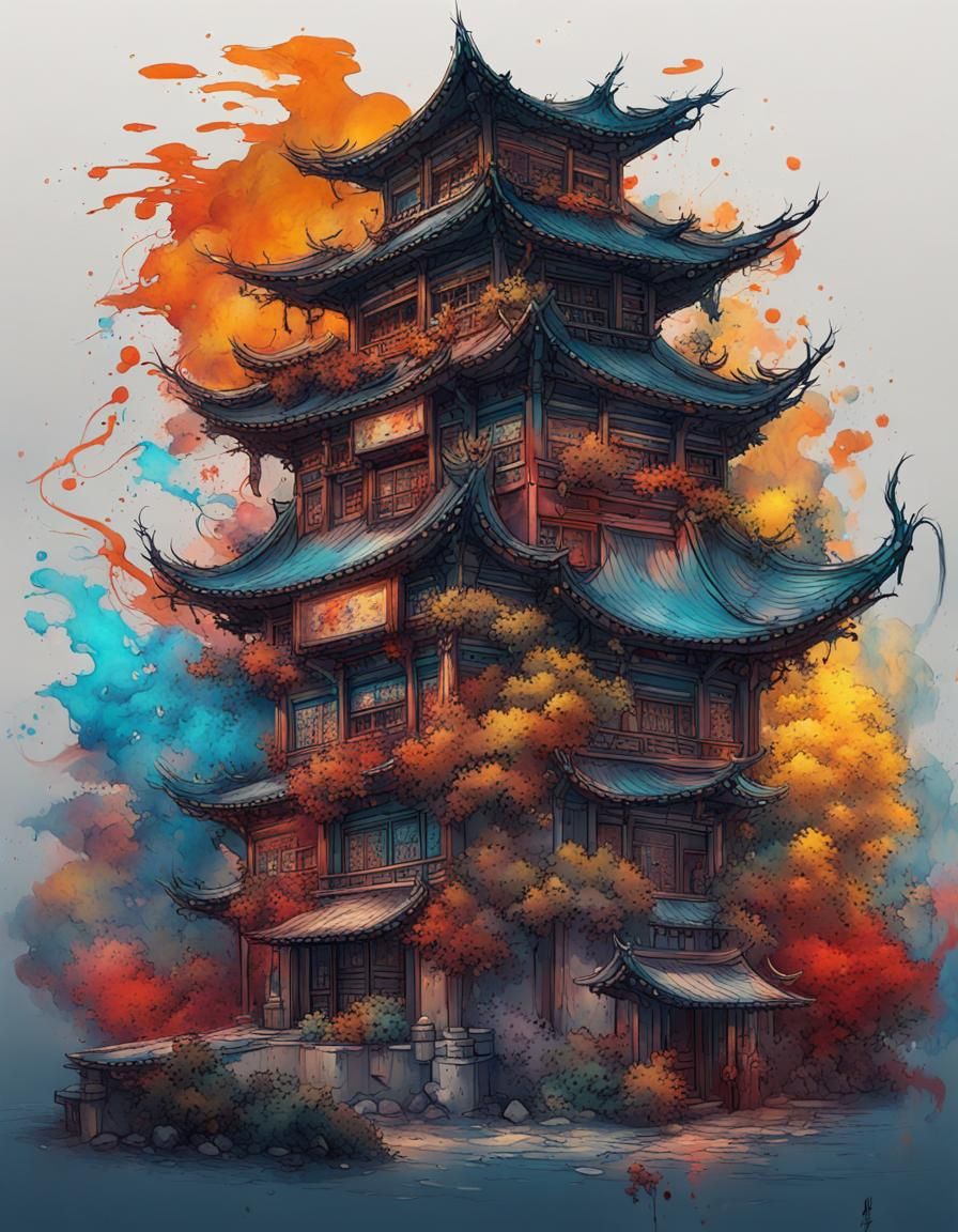 Graffiti Geisha with Asian Decor in Van Gogh Style