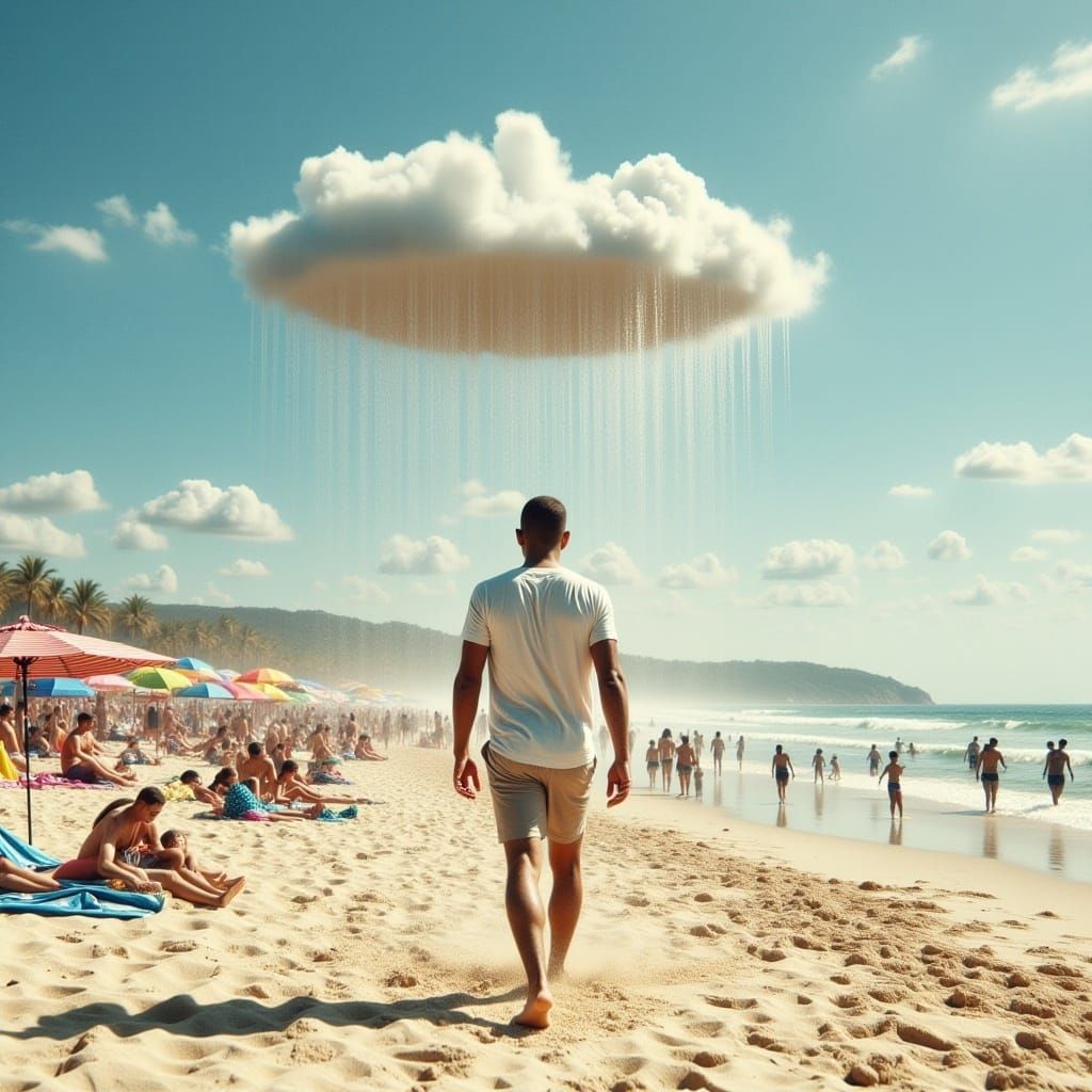 Surreal Beach Scene with Personal Raincloud