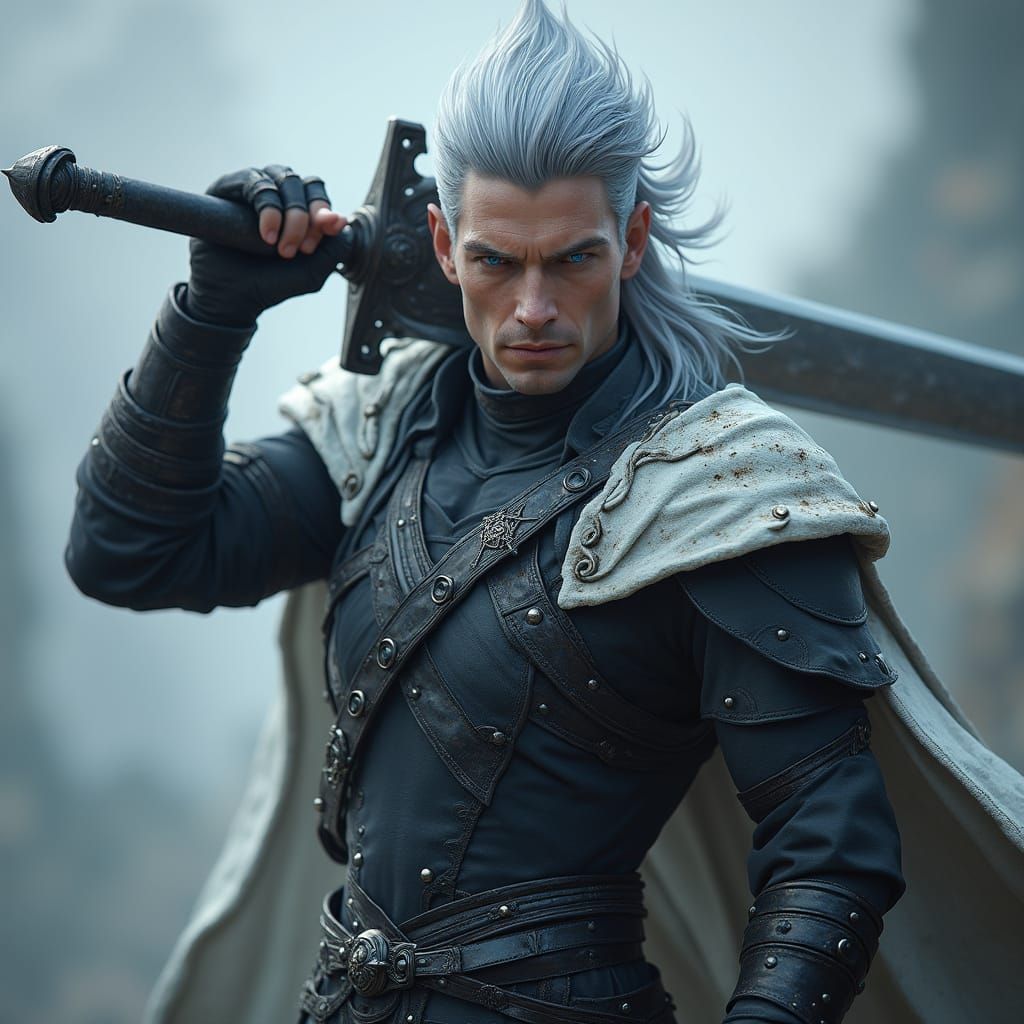 Ethereal Warrior in Cyberpunk Attire with Heterochromic Eyes