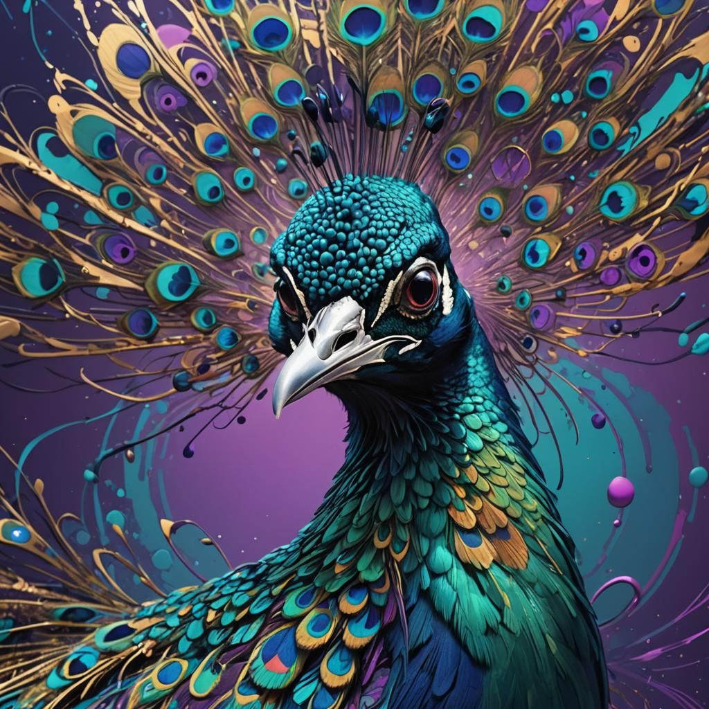 Futuristic Psychedelic Peacock in Hyperrealistic Splash Art