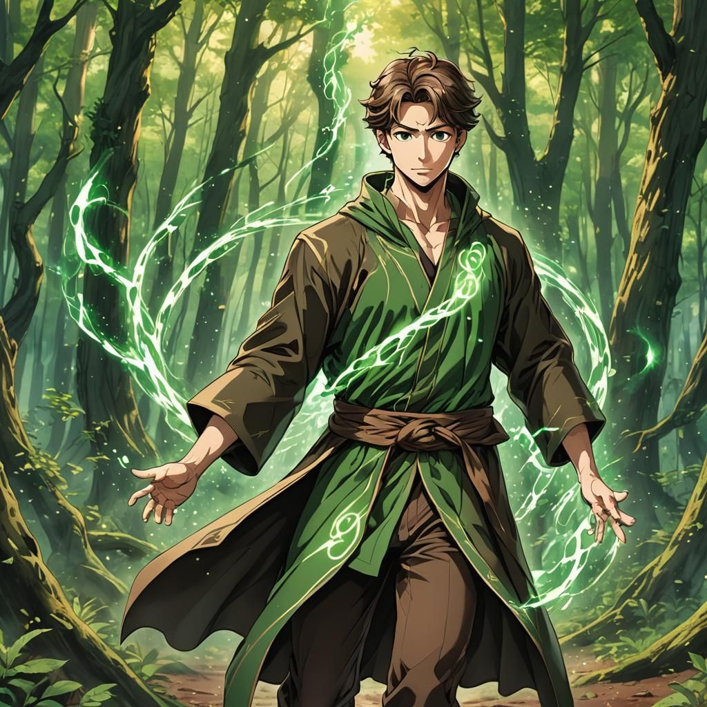 A green mage casting magic in the forest.