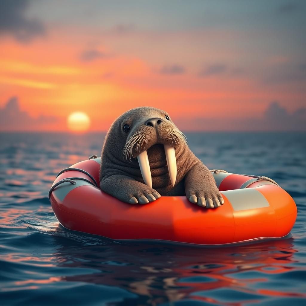 Walrus in Lifeboat at Sunset: Hyperrealistic Image