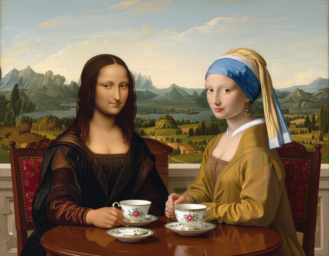 Mona Lisa & Pearl Earring Enjoy Tea on Veranda