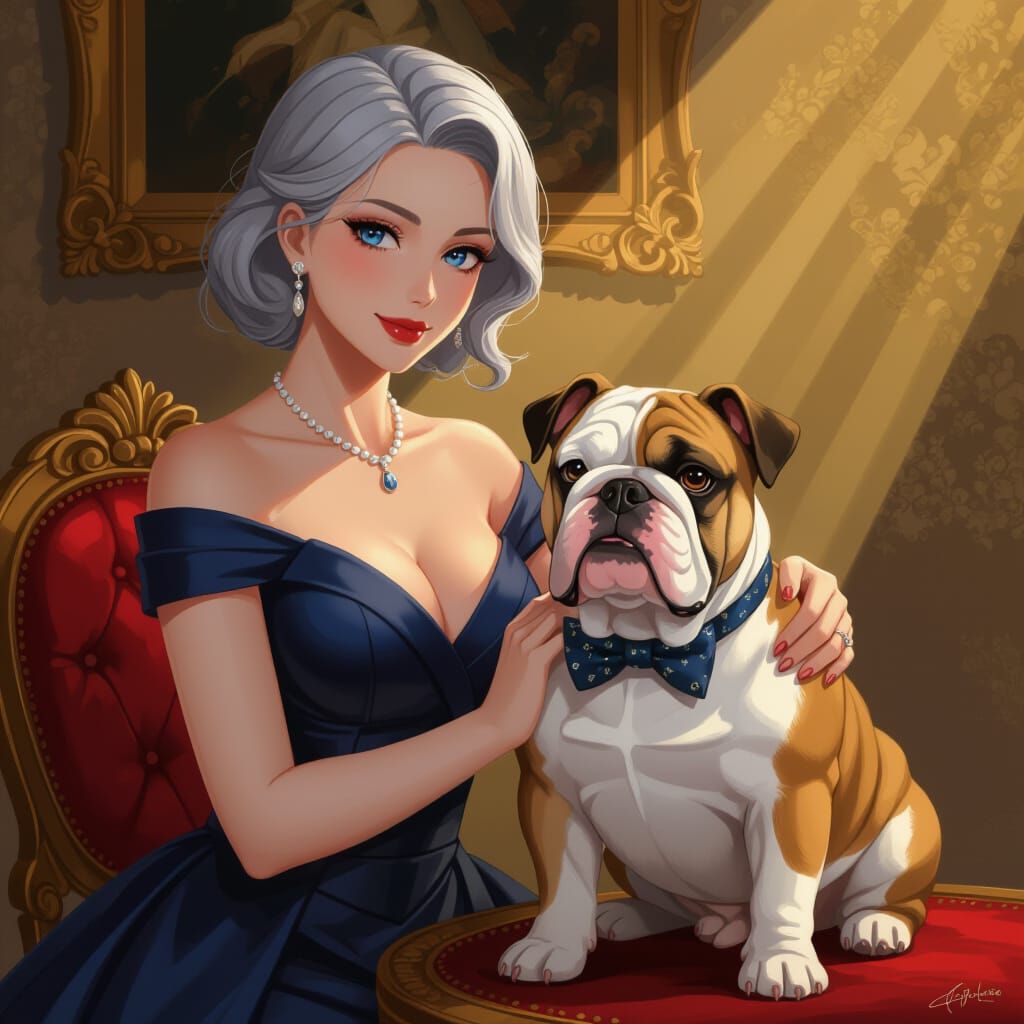 Elegant Woman and Bulldog in Rembrandt-Style Painting