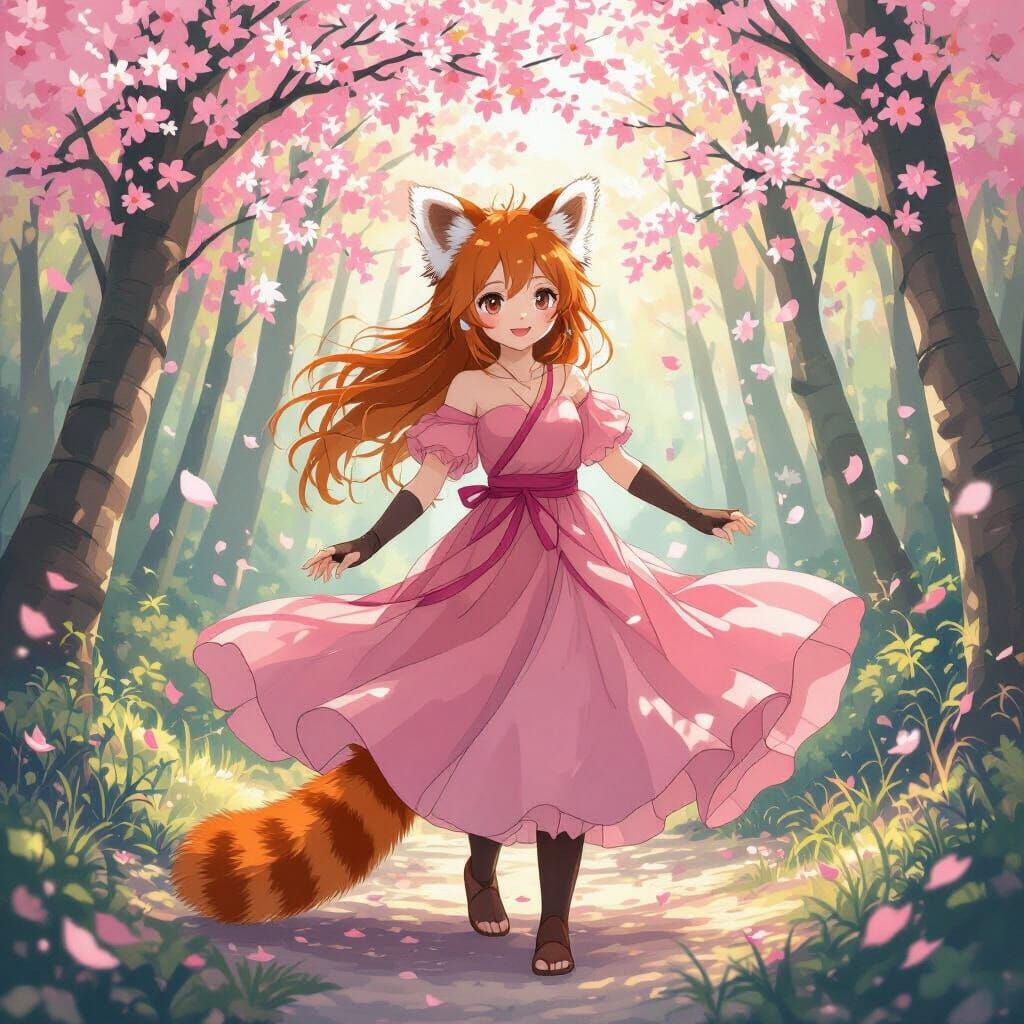 Anime Red Panda Girl in Cherry Blossom Forest