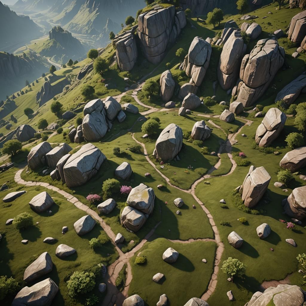 Rolling Stones on Hillside in 3D Game Style