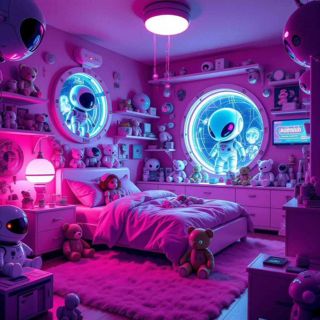 Messy Pink Bedroom with Futuristic Toys and Aliens