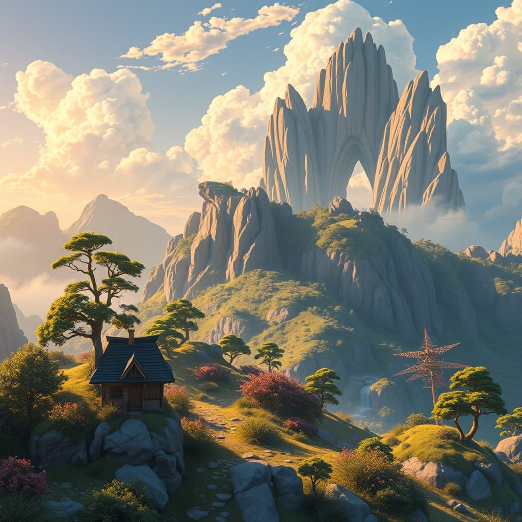 Fantastical Mountain Landscape in Vintage Ad Style