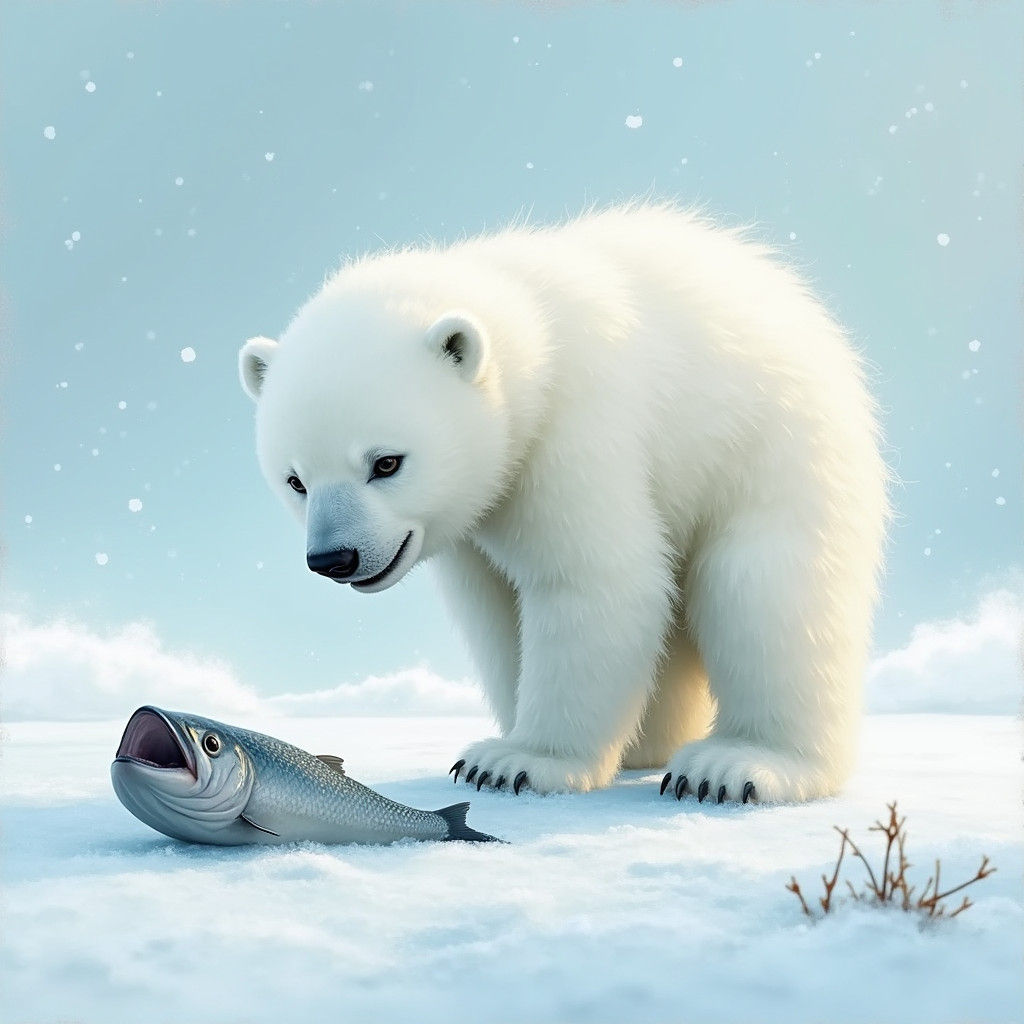 Arctic Cub's First Catch: Realistic Wildlife Art