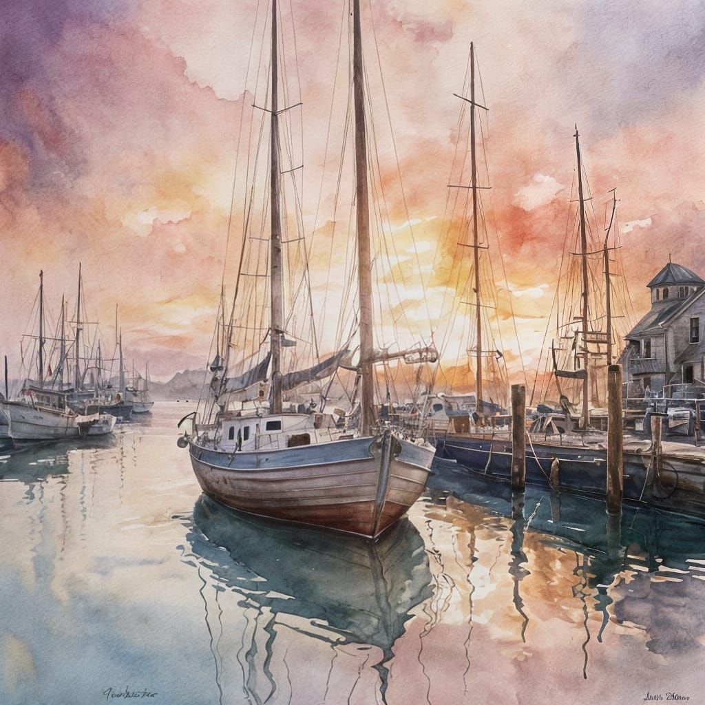Watercolor Sunset Harbor Scene with Sailing Boat
